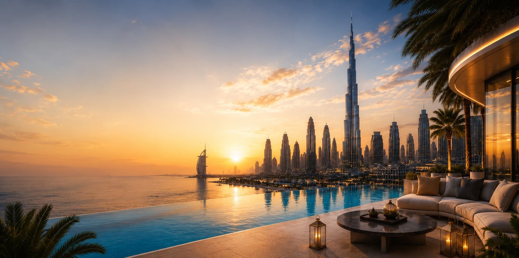 The Dubai skyline at sunset seen from a luxury penthouse terrace